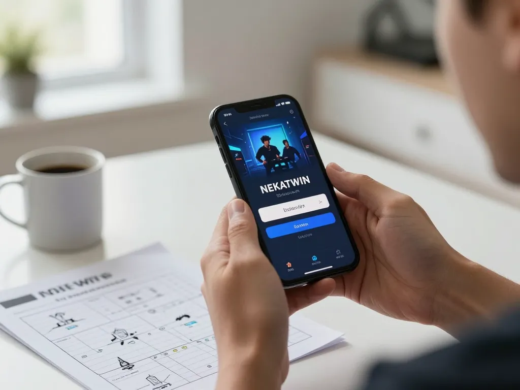 Nekatwin login displaying on smartphone in a relaxed home setting with strategic gaming notes.
