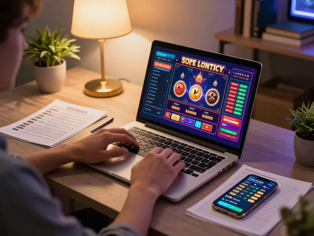 Engaged player enjoying okfun online gaming experience on a laptop with vibrant graphics.