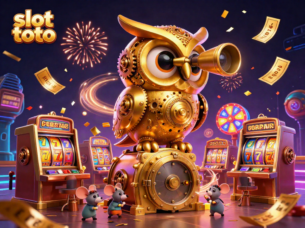 Engage with slot toto as a golden owl surveys a vibrant casino filled with colorful symbols.
