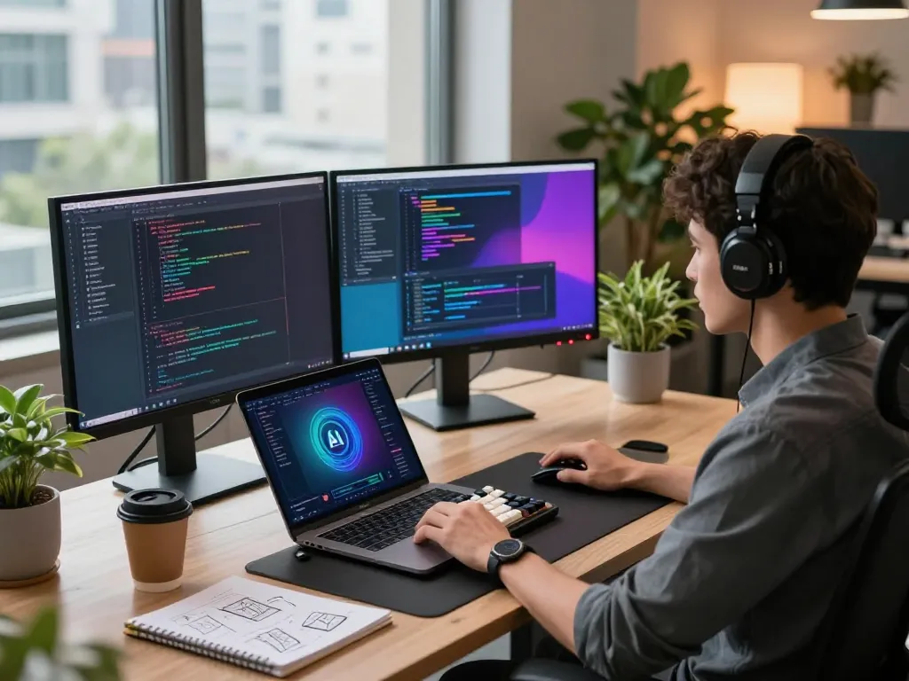 Developer working with juicy ai software in a modern office setting, vibrant code on dual monitors, and a professional workspace.