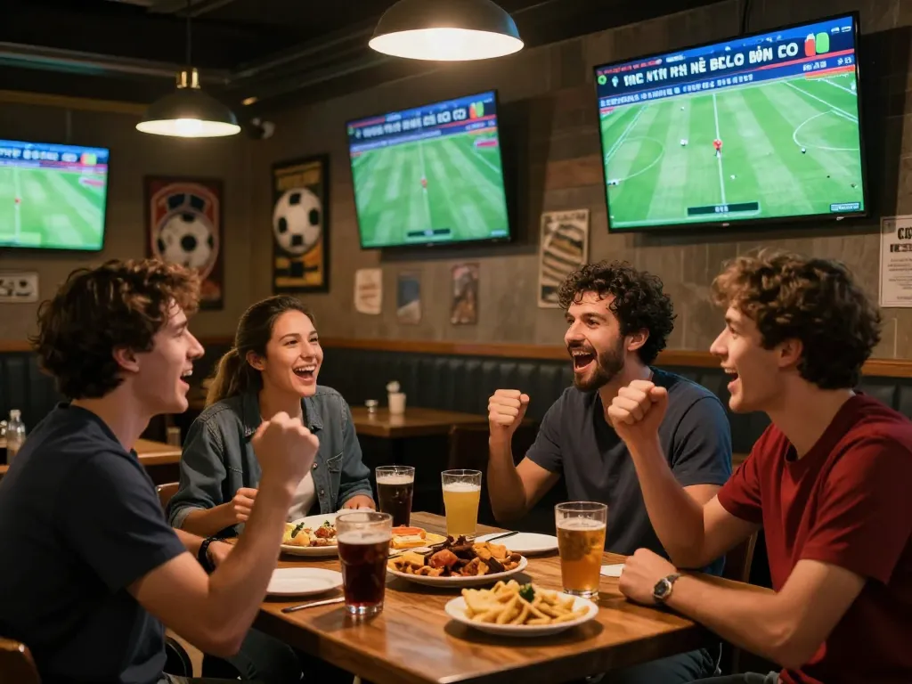 Tỷ lệ kèo bóng đá displayed in a vibrant sports bar as friends celebrate and analyze betting odds during a live football match.