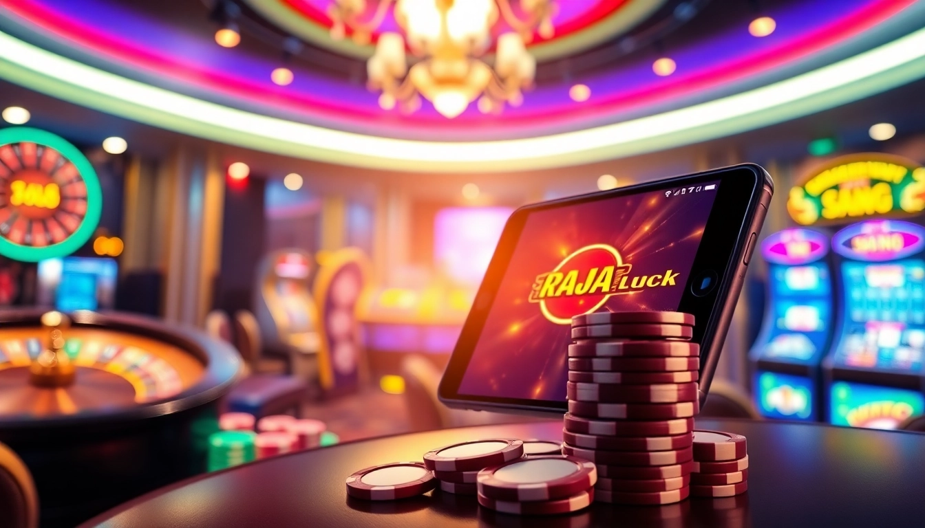 Engaging scene of RAJA LUCK casino experience highlighting mobile gaming visuals and vibrant slot machines.