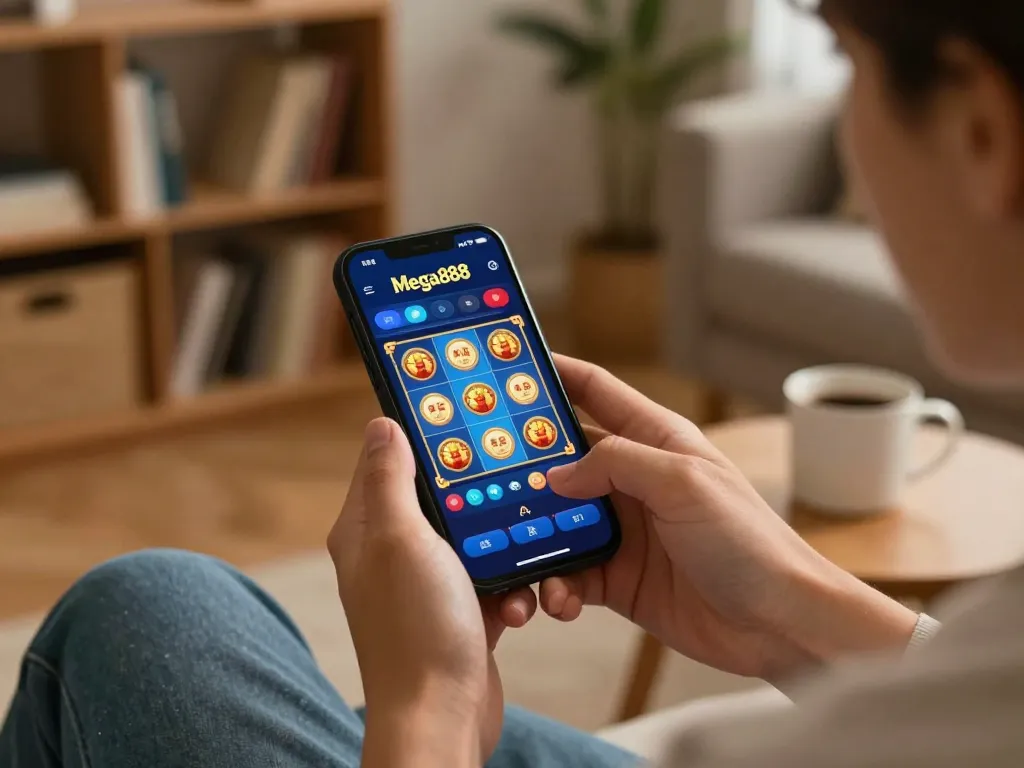 Mega888 mobile gaming experience in a cozy home setting, showcasing smartphone gameplay.