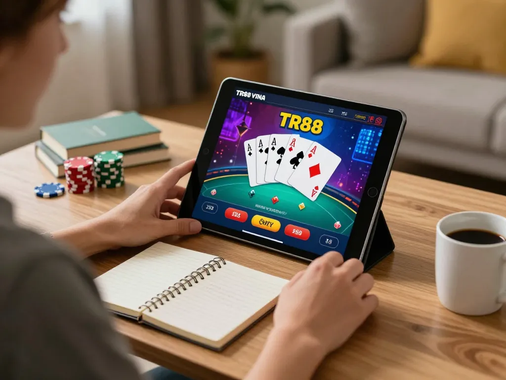 Player enjoying online poker on TR88 VINA platform in a cozy home setting, capturing responsible gaming vibes.