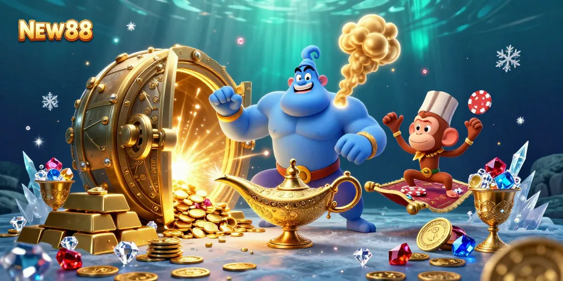 Join the exciting world of NEW88 with a captivating 3D illustration depicting casino magic and treasure.