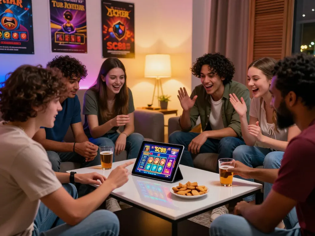 Enjoying casino games together on SC88 platform in a lively home setting, with engaging graphics and warm lighting.