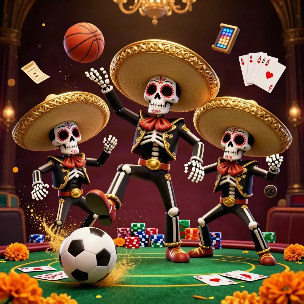 Skeleton mariachi trio amid flying sports balls, poker chips, and casino lights