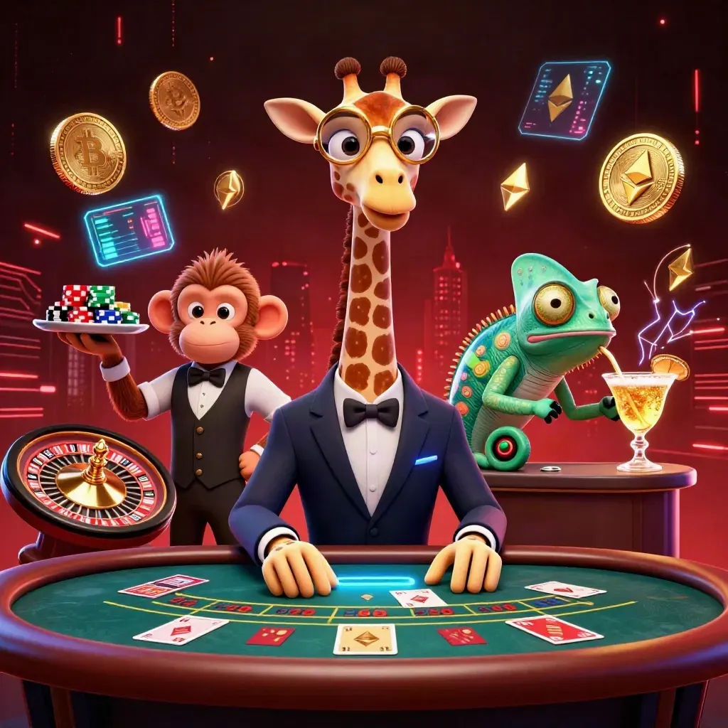 Giraffe, monkey, and chameleon at a glowing casino table with coins and neon effects.