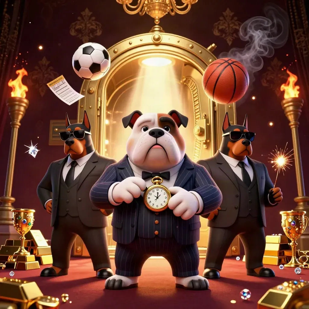 Low-angle casino key art: bulldog bosses, open gold vault, flying sports balls, gems, and gold.