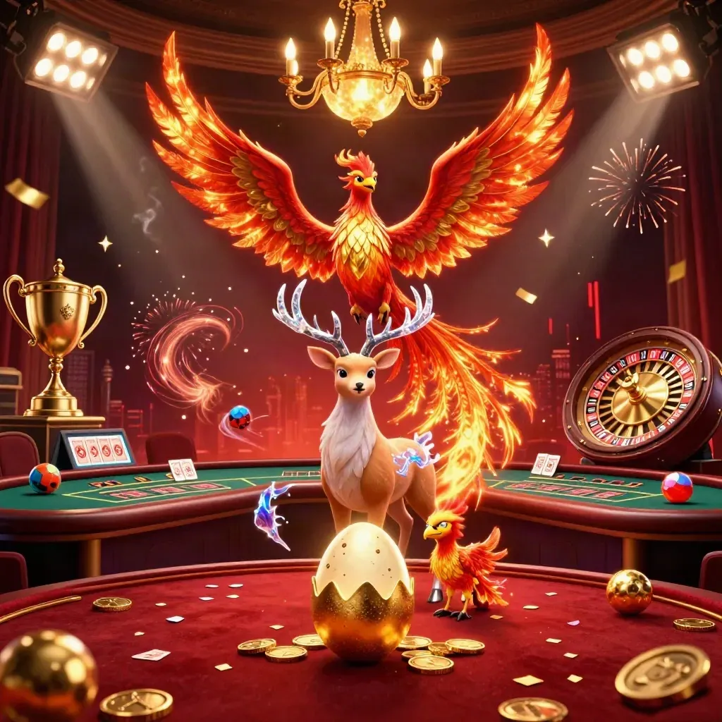 Fire phoenix, baby phoenix, and crystal stag in a luxe casino fantasy scene with coins, lights, and fireworks
