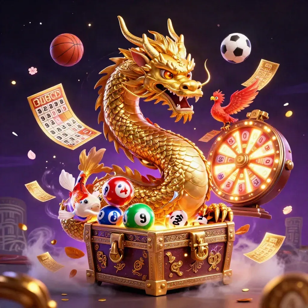 Golden dragon casino fantasy with phoenix, koi, lottery balls, prize wheel and glowing gold accents.