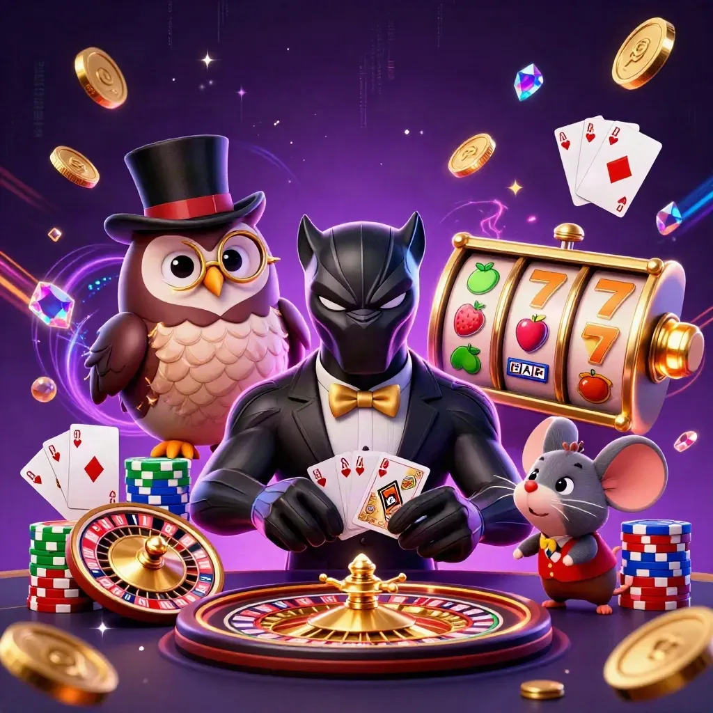 Panther dealer, owl chip boss, and mouse amid coins, gems, roulette, and neon casino effects.