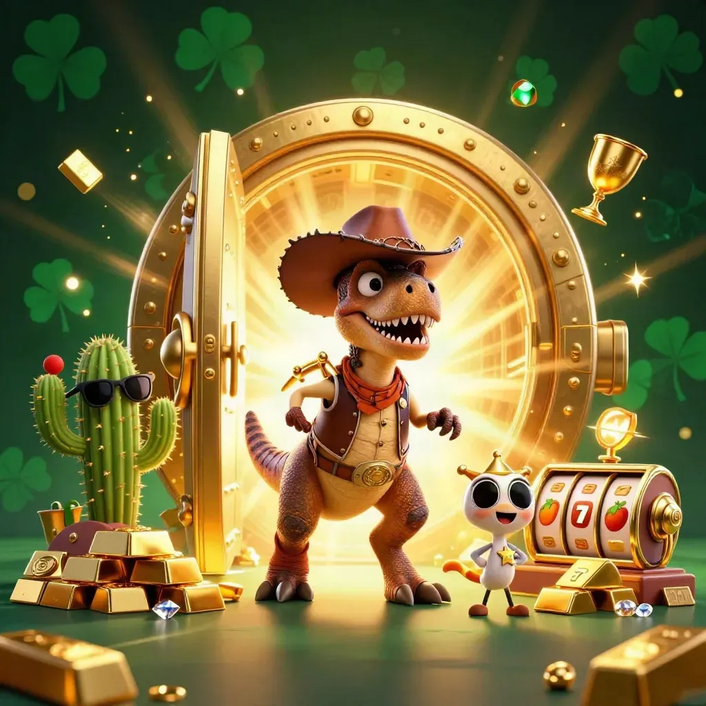 Cowboy T-Rex trio bursts from a treasure vault amid gold, gems, and emerald casino glow.