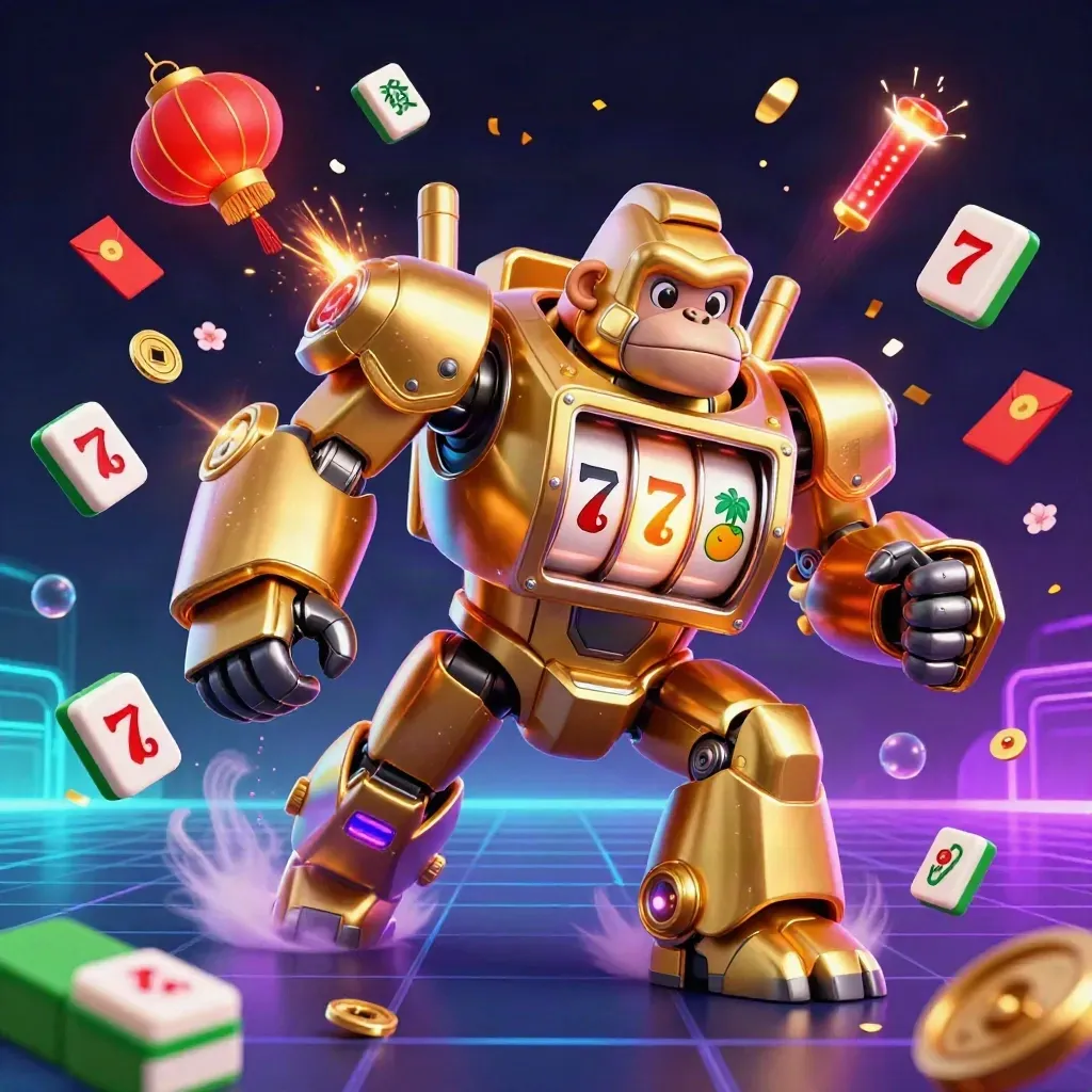 Golden gorilla slot mech with tiny monkey pilot amid lanterns, coins, petals, and neon glow