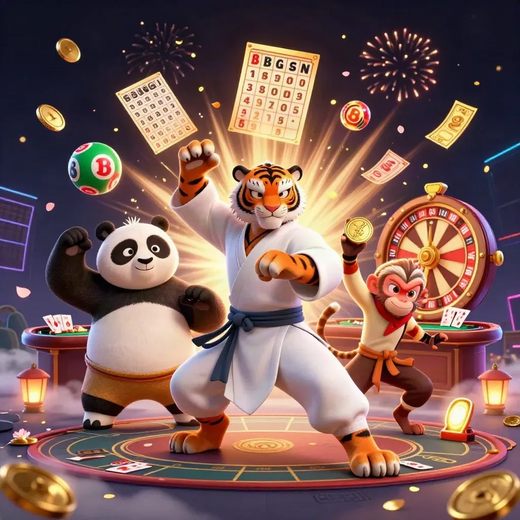 Tiger, panda, and monkey amid casino prizes, coins, fireworks, and neon luxury.