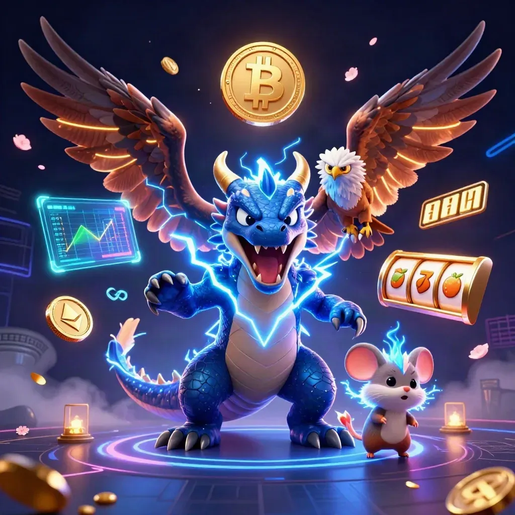 Thunder dragon, hawk, and static mouse amid casino coins and lightning in a luxe dark neon burst.