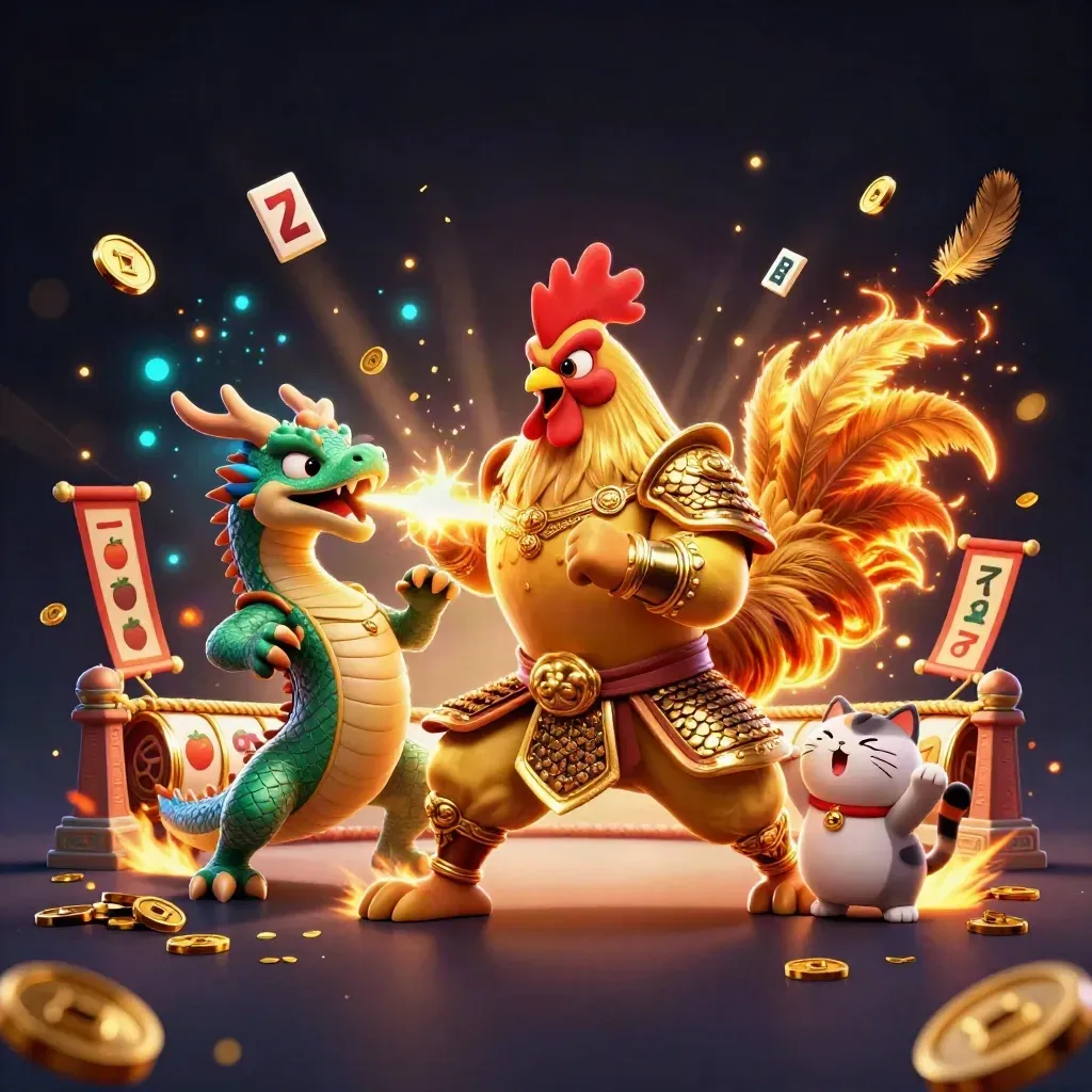 Rooster warrior, dragon hatchling and fortune cat burst through a casino temple in gold and emerald light.