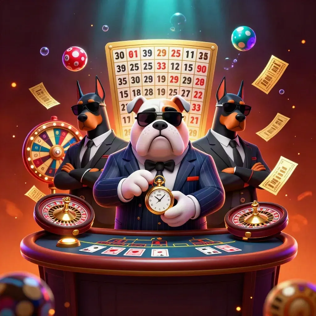 Mafia-boss bulldog and two Dobermans amid casino prizes, cards, wheel spins and glowing embers