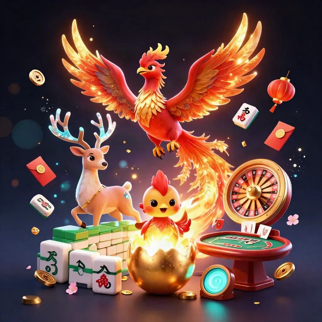 Phoenix, baby phoenix, and crystal-antlered stag amid casino coins and cards on a dark luxe glow.