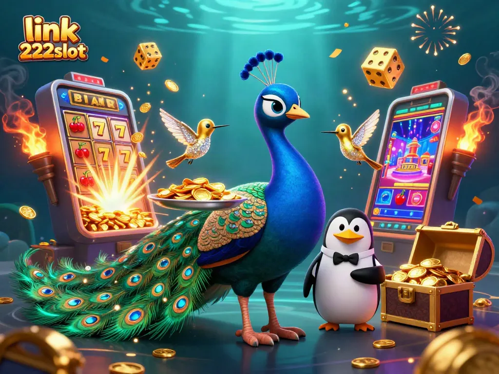 Mainkan link 222slot dengan ilustrasi merak elegan dan slot jackpot melimpah yang menambah keseruan permainan.