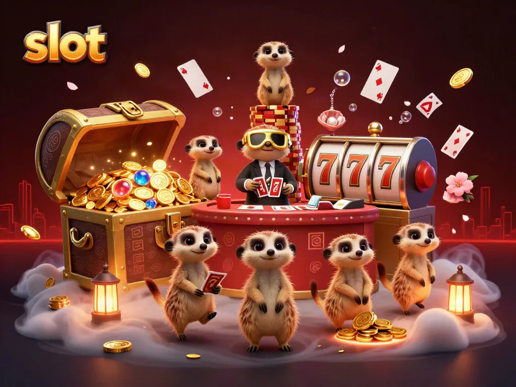 Meerkats operating a vibrant slot-themed casino with dynamic characters, exciting games, and colorful treasure.