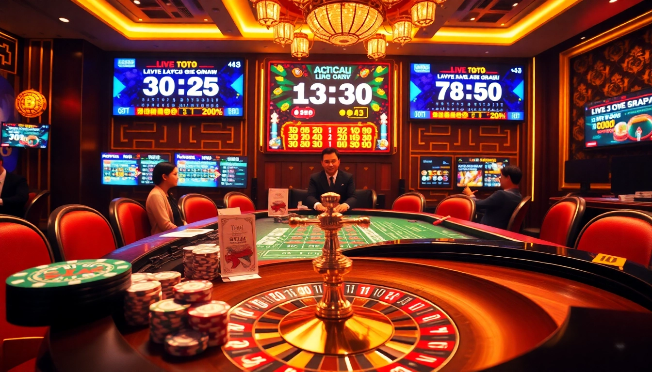 Experience the excitement of Live Toto Macau with vibrant casino visuals showcasing thrilling draws and dynamic gaming interactions.