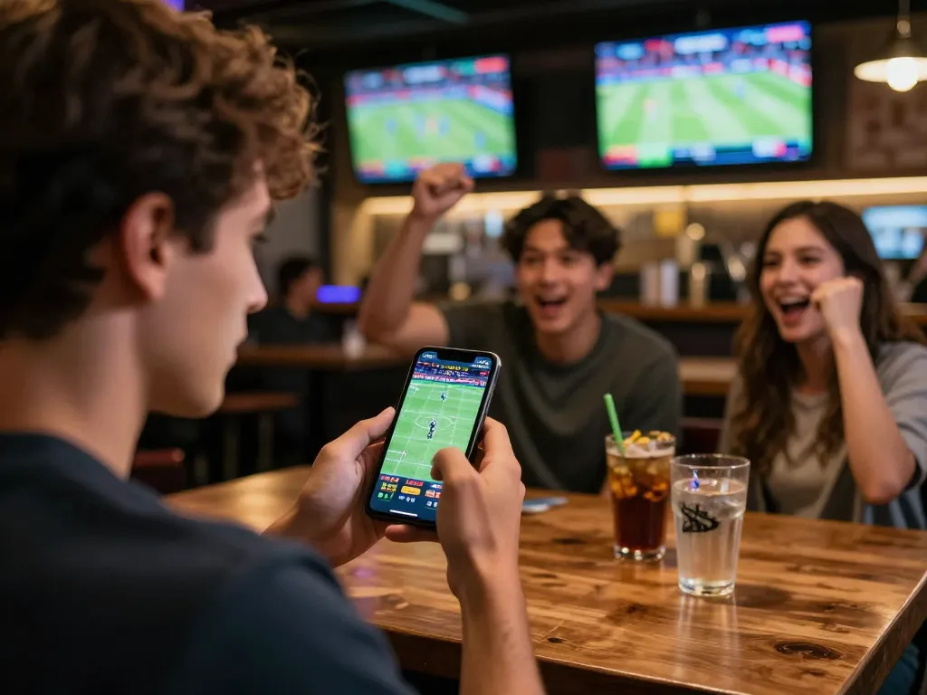 Engaging in live sports betting at https://www.dacsandatphanrang.com/ with friends in a vibrant bar atmosphere.