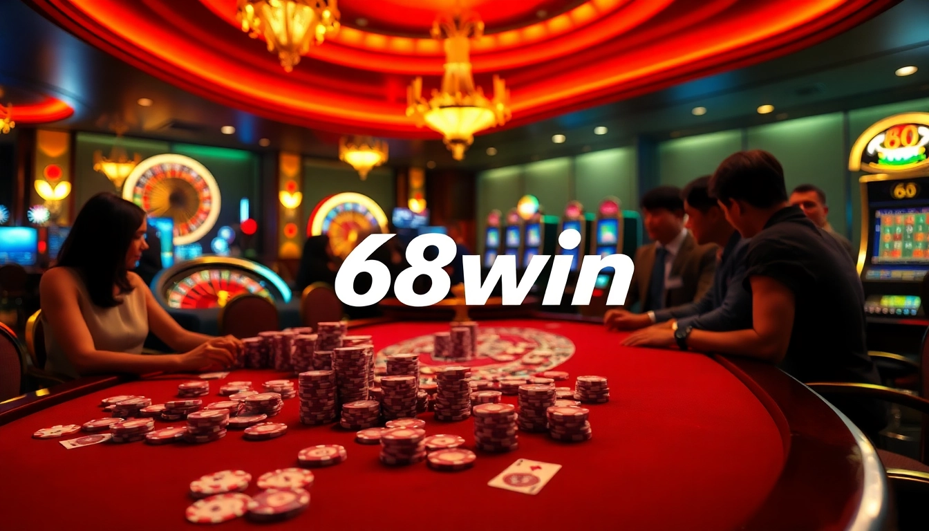Engaging casino players at a stylish 68win table surrounded by vibrant poker chips.