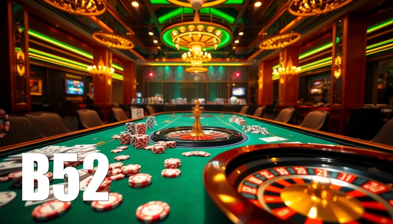 Experience the excitement of B52 gaming with vibrant casino action featuring cards and chips.
