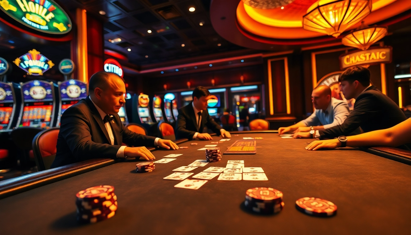 C168 poker enthusiasts playing chips at a vibrant casino table with slot machines.