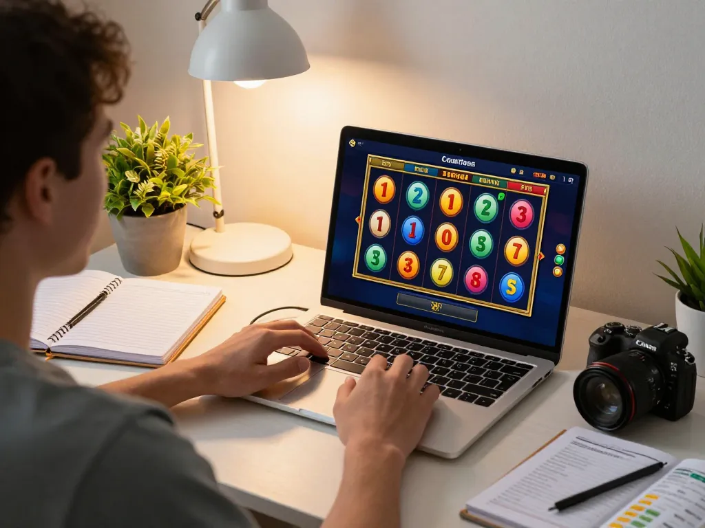 Engaged player spinning a slot game on laptop with strategies and notes in cozy home office.
