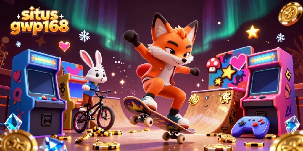 Rekreasi situs gwp168 dengan karakter lucu skateboarder dan kelinci BMX di dunia game kasino 3D.