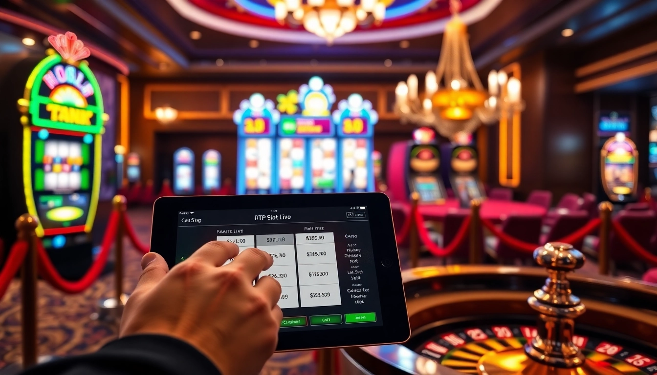 A player engaging with RTP Slot Live in a luxurious casino environment filled with vibrant slot machines and poker chips.
