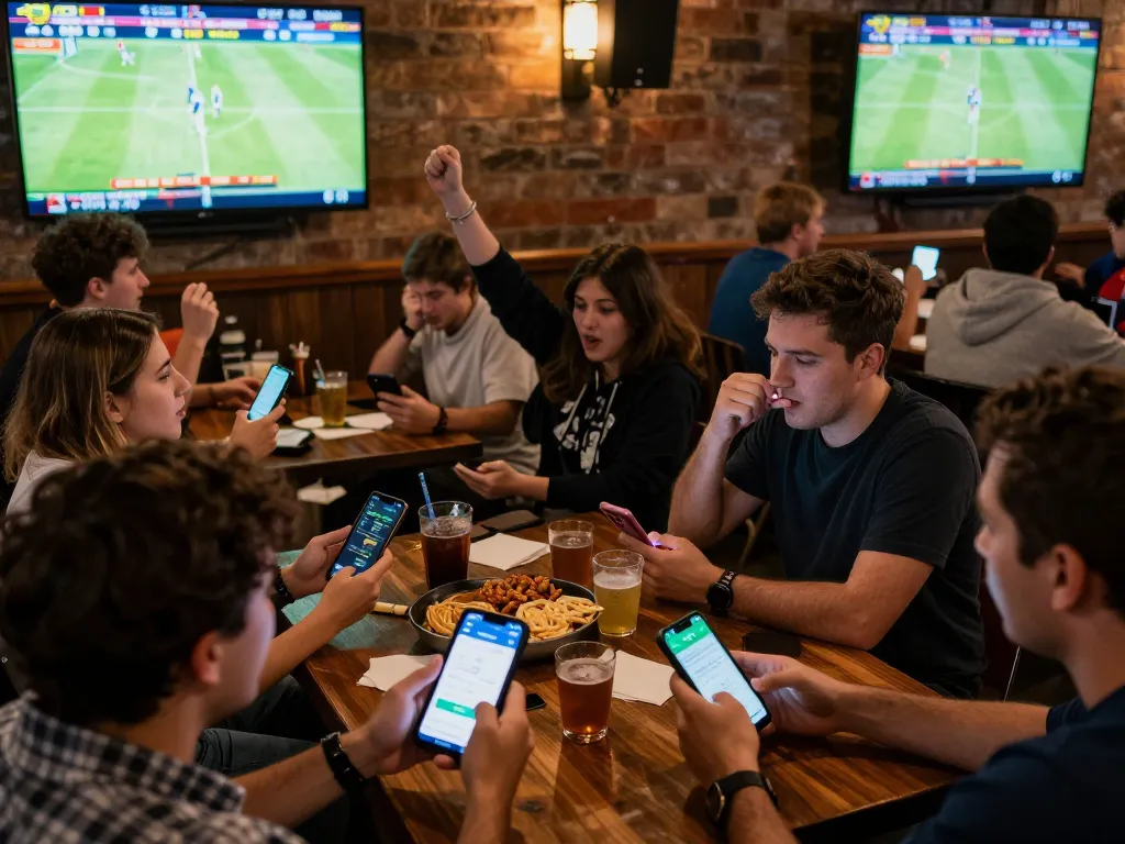 Fans engaged in real-time sports betting using the nowgoal app in a vibrant sports bar