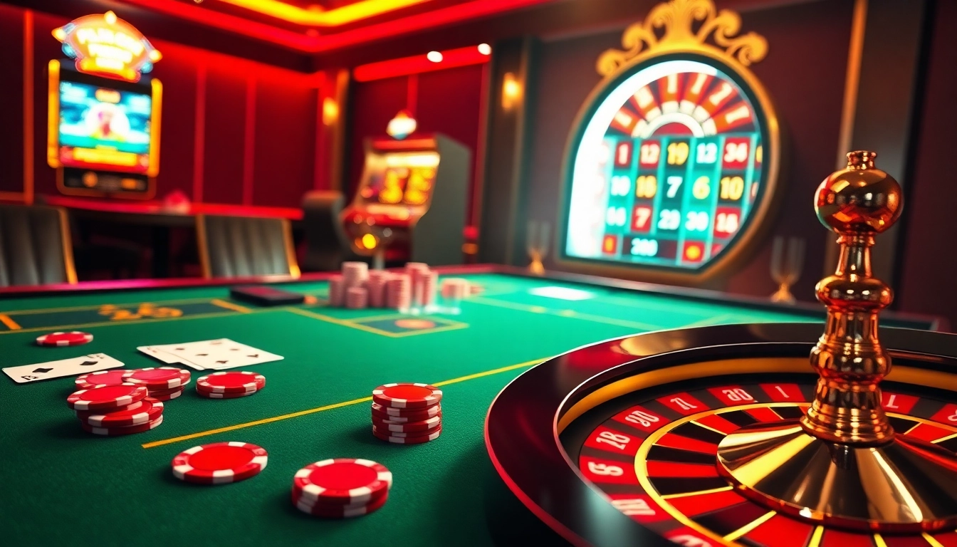 Experience no hu thrills with vibrant poker chips and a glowing slot machine in an elegant casino setting.