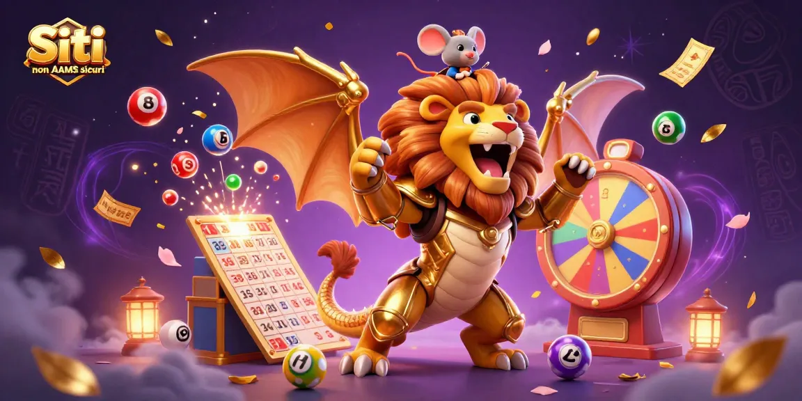 Vivi momenti emozionanti con i Siti non AAMS sicuri mentre una chimera ruggisce trionfalmente, circondata da scintillanti elementi della lotteria.
