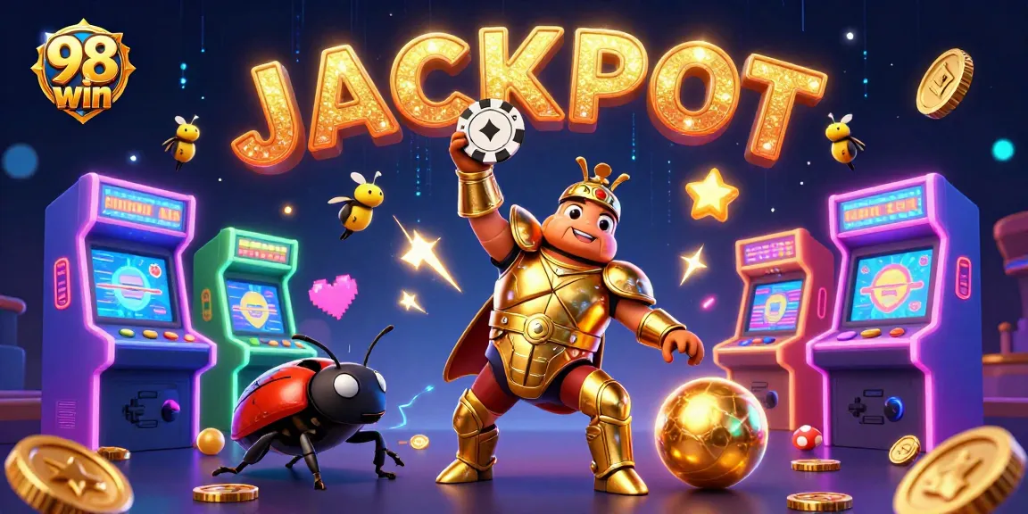 Experience the thrill of 98 win with a vibrant cartoon scene showcasing a victorious beetle and dynamic casino elements.