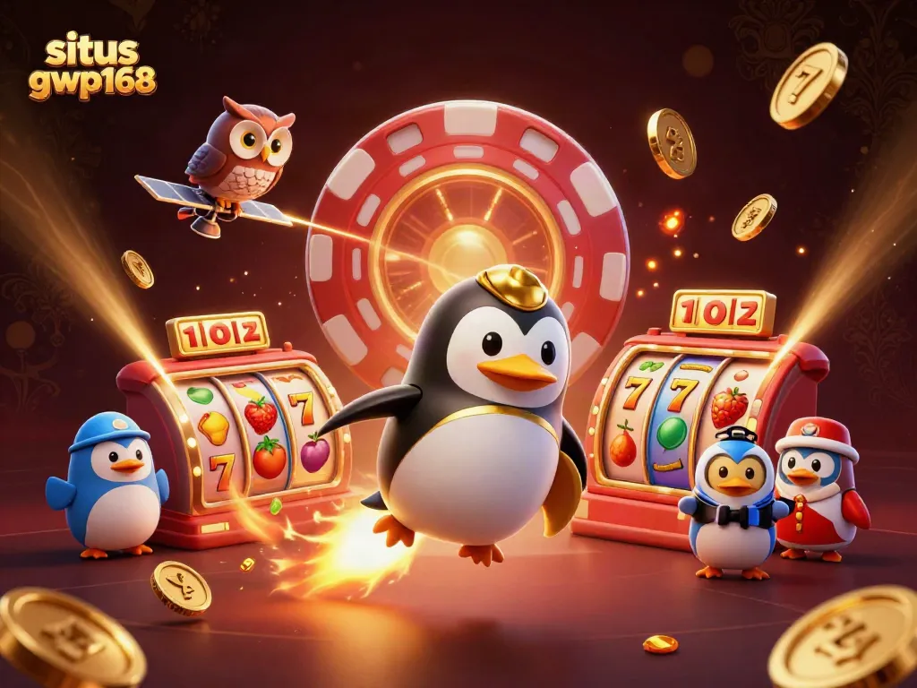 Permainan kasino slot online situs gwp168 dengan penguin emas dan simbol keberuntungan.
