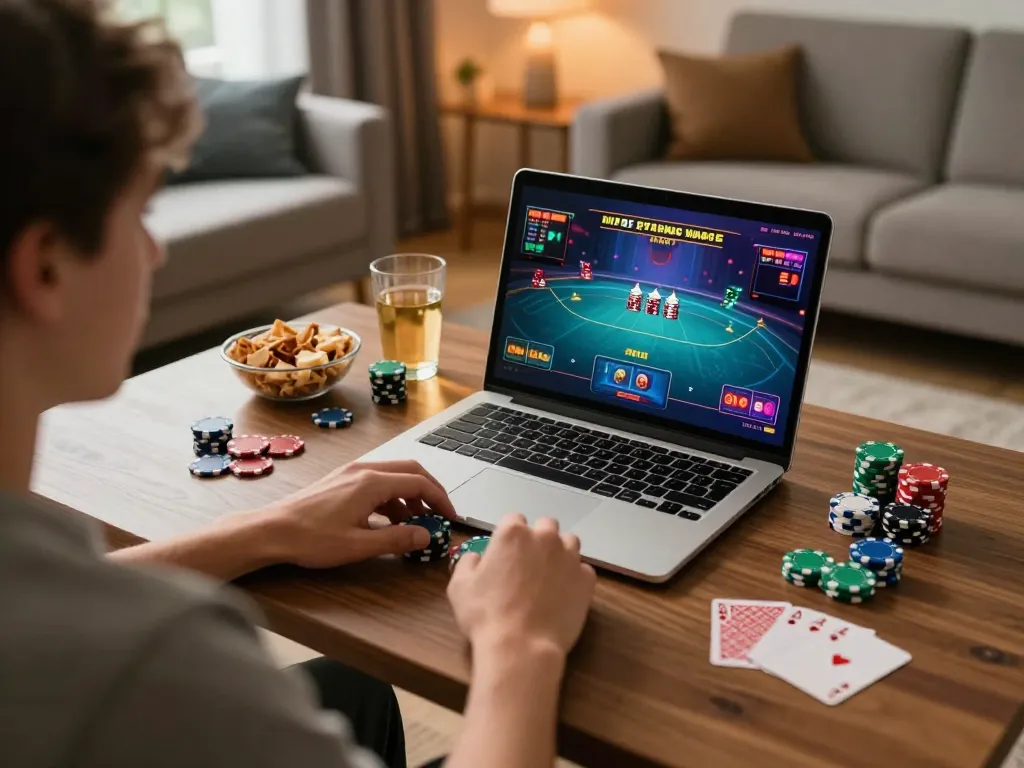 An engaging moment at nhà cái kuwin as a player enjoys an exciting online poker game from their cozy home.