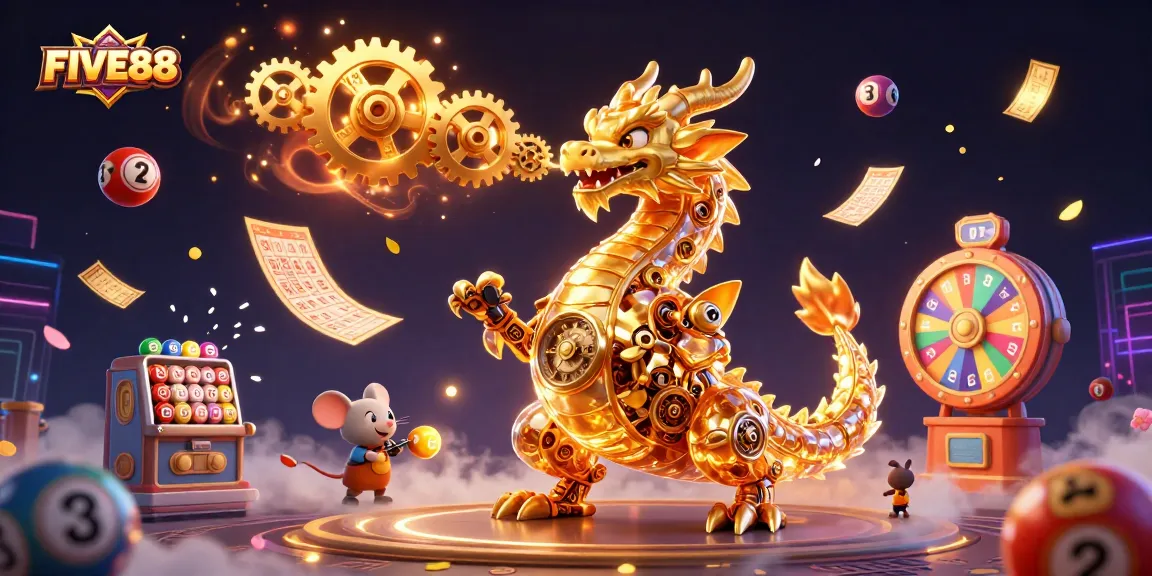 Join the excitement of FIVE88 with this vibrant 3D illustration showcasing engaging lottery games and dynamic elements.