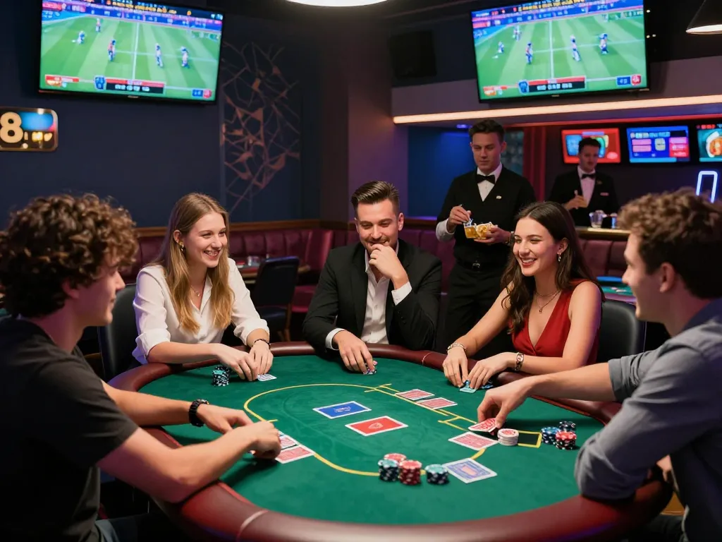 Friends enjoying an exciting poker game at a modern casino, showcasing the vibrant energy of 88aa net.