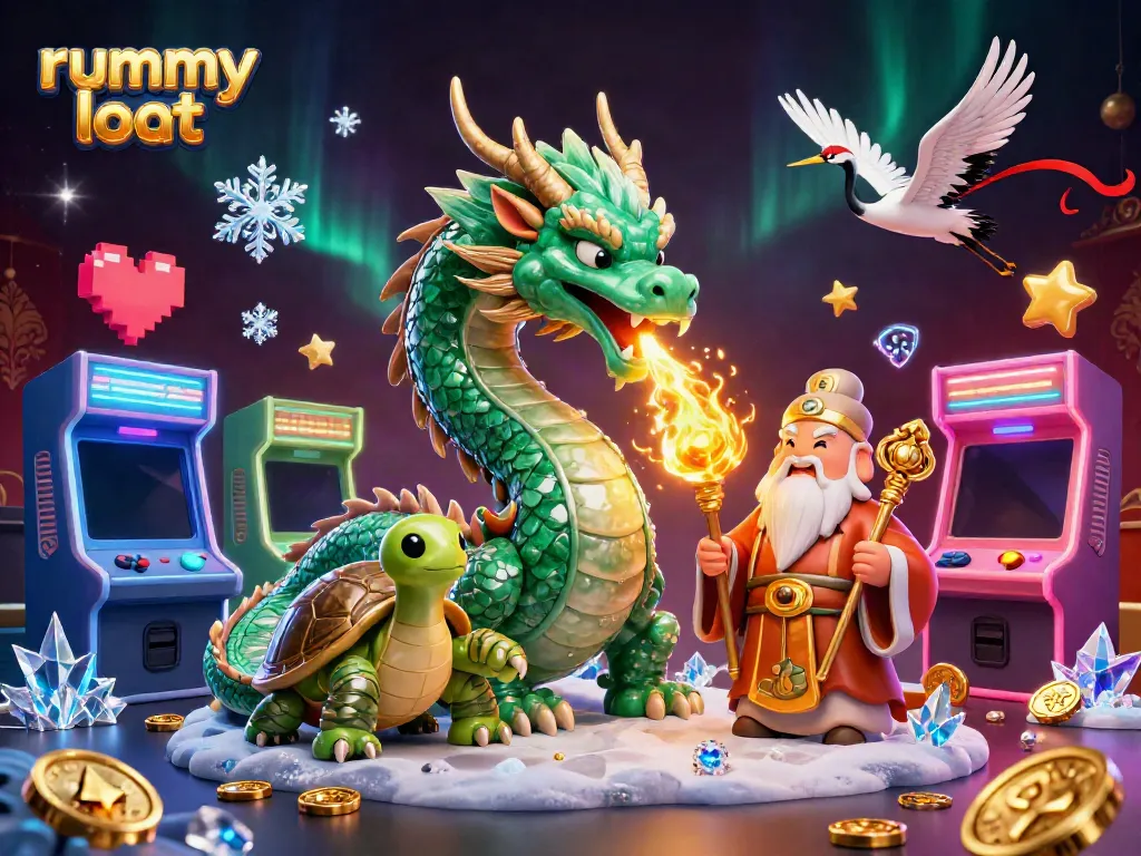 Engage with rummy loot gameplay featuring a jade dragon, turtle sage, and lucky cranes in a colorful casino scene.