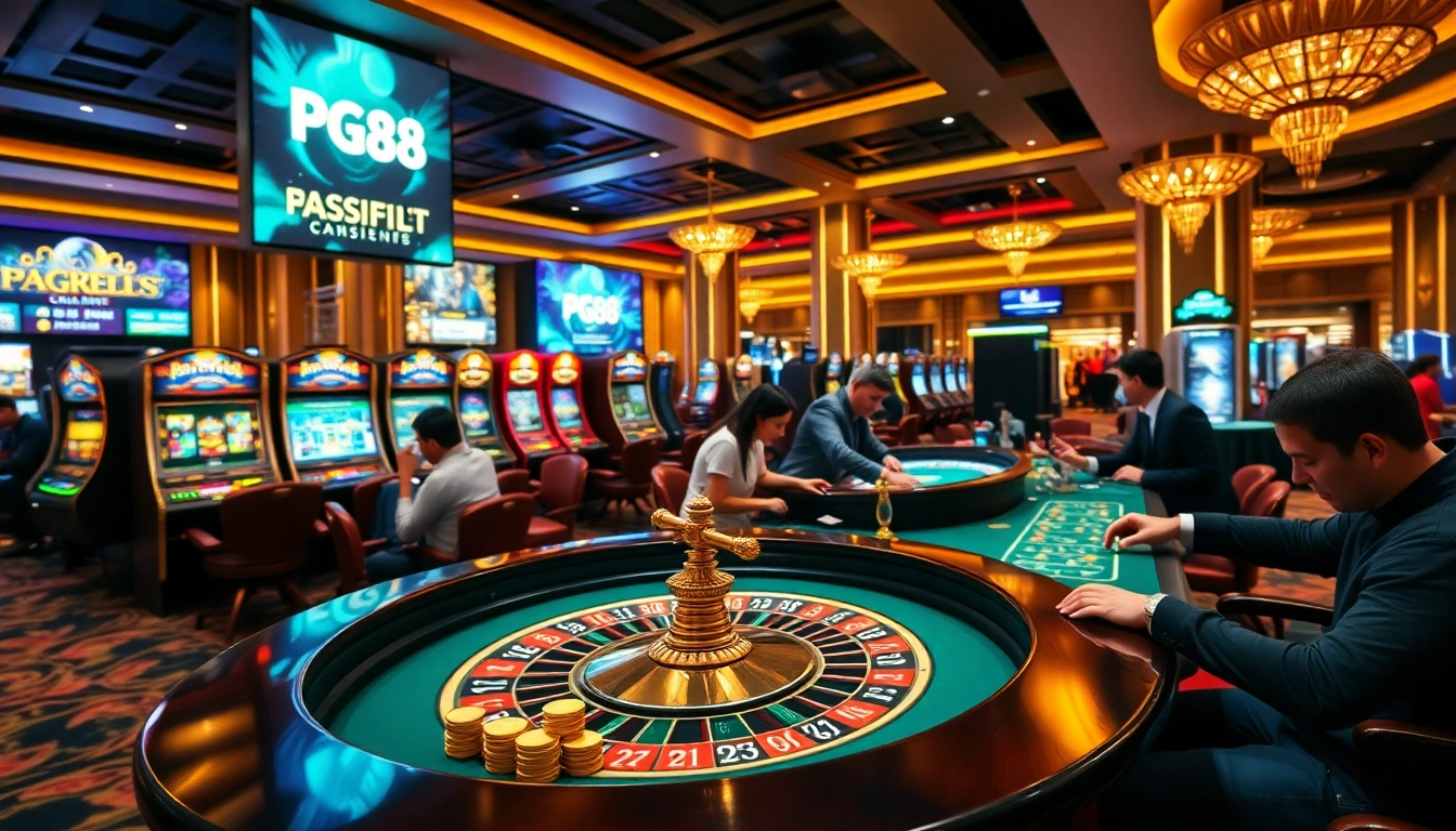 Exciting casino scene at PG88 showcasing vibrant roulette and slot machines.