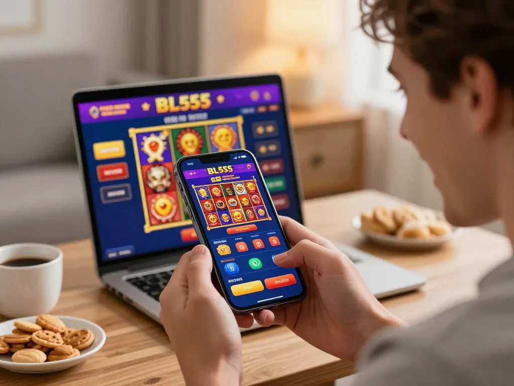 Player celebrating a win on the BL555 app, showcasing excitement in a cozy home setup.