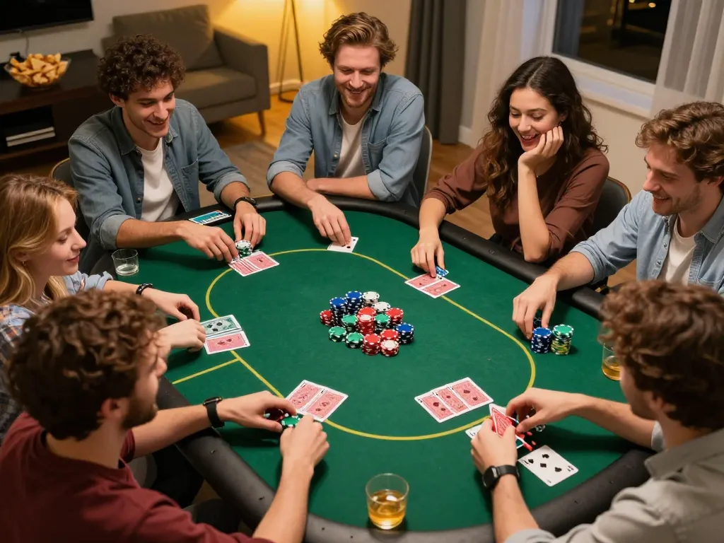 Friends enjoying poker night at home, highlighting strategic gameplay with chips and cards - IIPA Reports.