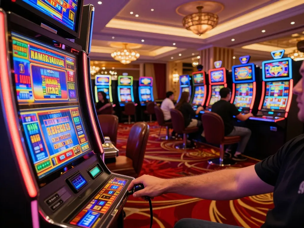 Excited Luck8 players spinning slot machines, vibrant colors, and thrilling casino atmosphere.