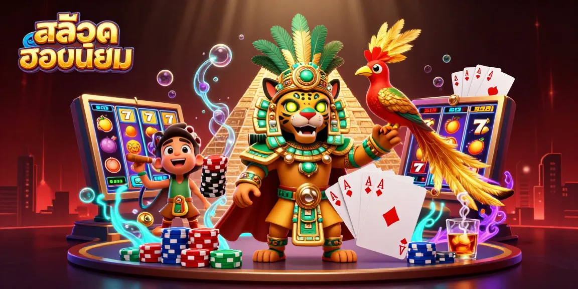 Experience สล็อตยอดนิยม with rich visuals featuring a Mayan priest and vibrant casino elements.