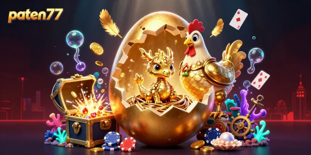 Join the gaming adventure with paten77, featuring a golden dragon and poker chips amidst vibrant casino elements.