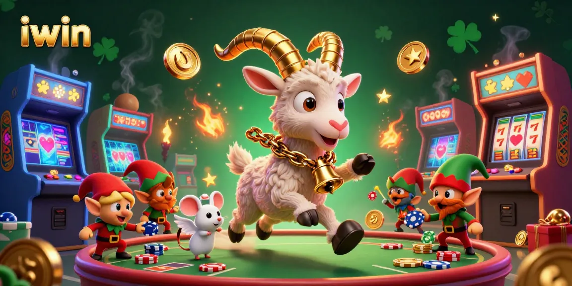 iwin casino scene featuring Krampus and angel mouse amidst gaming chaos, highlighting holiday-themed gambling.
