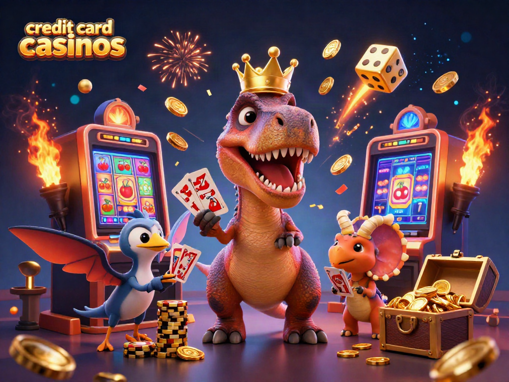 Engaging scene depicting credit card casinos with a T-Rex shuffling cards alongside a pterodactyl assistant and a triceratops stacking chips.